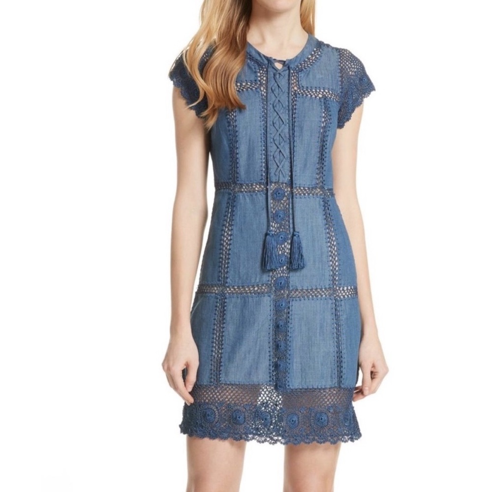 Alice + Olivia Tona Chambray Blue Crochet-Trim Denim Mini Dress